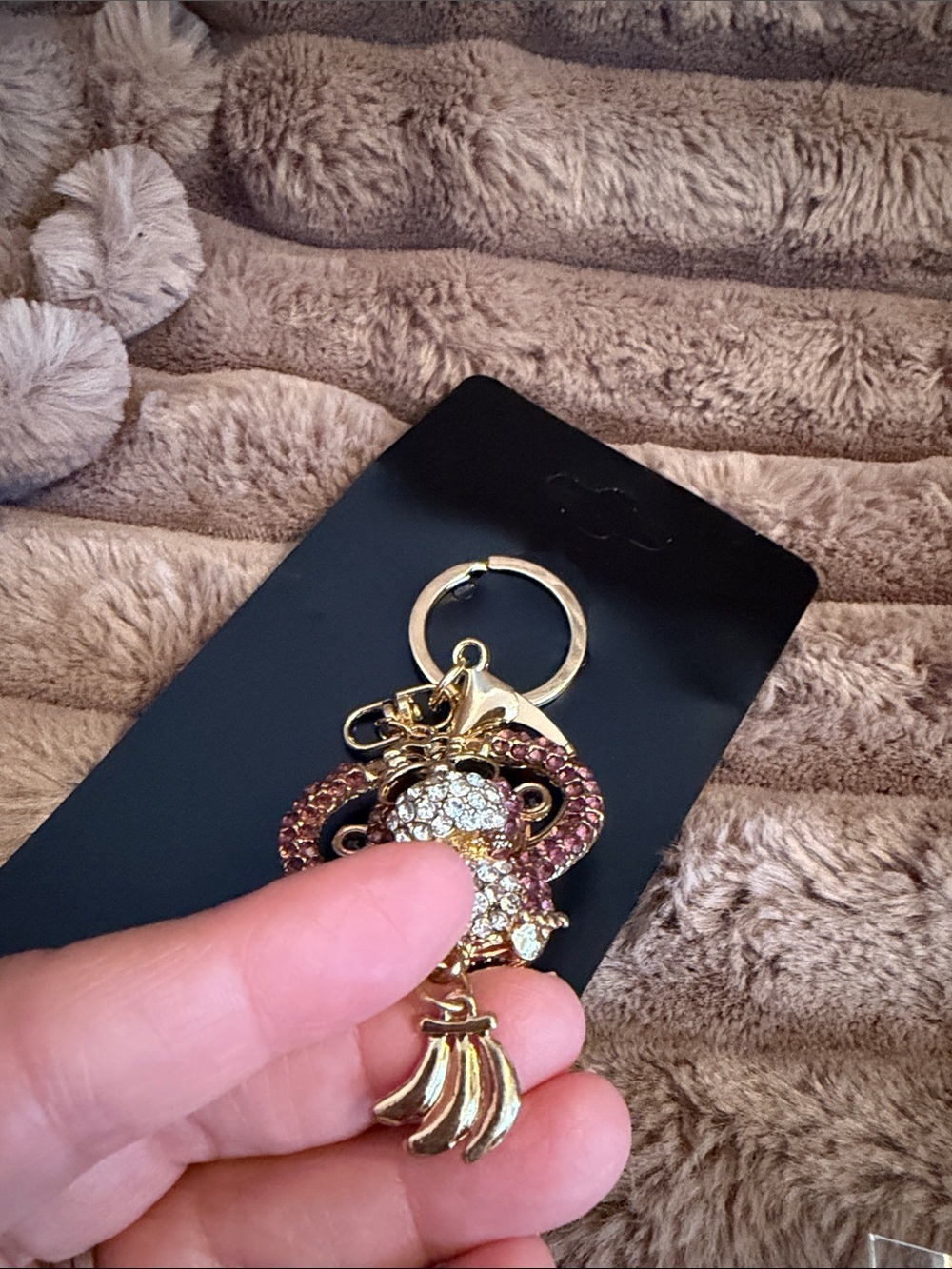 Gold-Tone Pink Crystal Monkey Keychain Charm - Picture 3 of 4